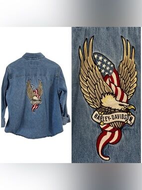 Vintage Harley Davidson Denim Shirt Eagle Flag Embroidered Snap Women’s Large